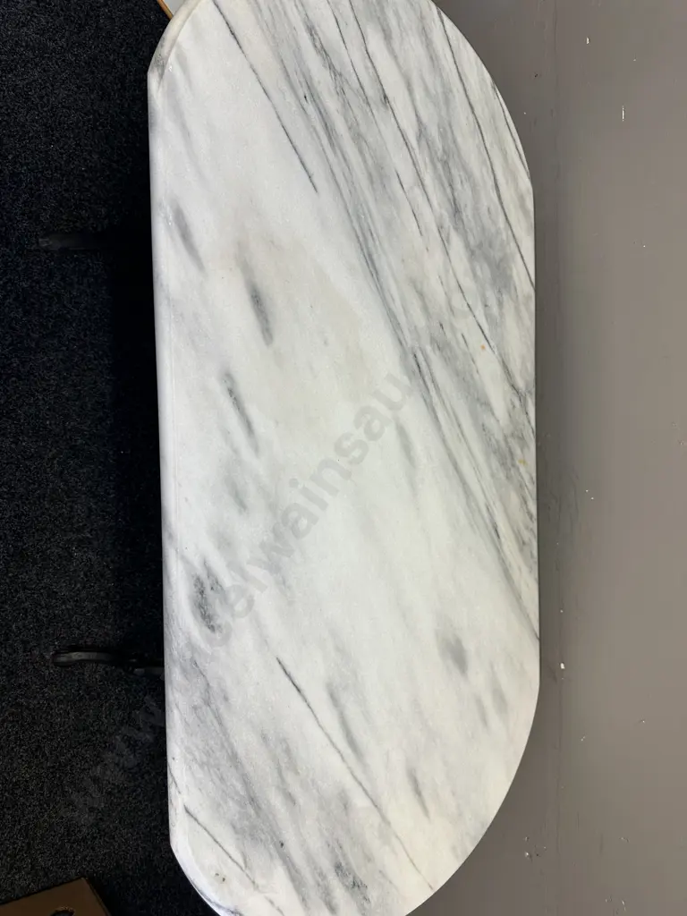 French Bistro Table With Painted Wrought Iron Base and Oval Marble Top H73, L120, D60cm. Image 1++